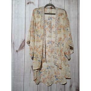 Band of Gypsies Floral Chiffon Kimono Sheer Open Front Wrap Yellow Orange XS/S